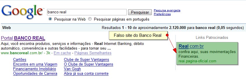 Falso site do Banco Real aparece nos Links Patrocinados