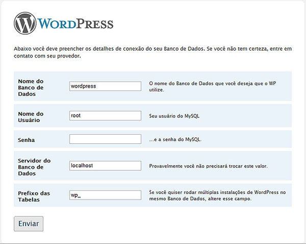 Como instalar WordPress no Servidor - Digitando os dados de acesso ao Banco