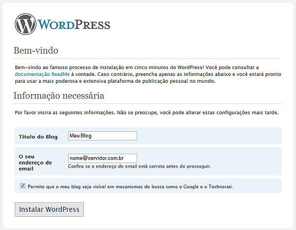Como instalar WordPress no Servidor - Digite o nome do Seu Blog e seu email